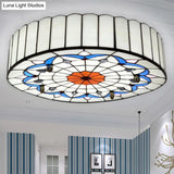 Mediterranean Stained Glass Drum Ceiling Mount Light For Bedroom