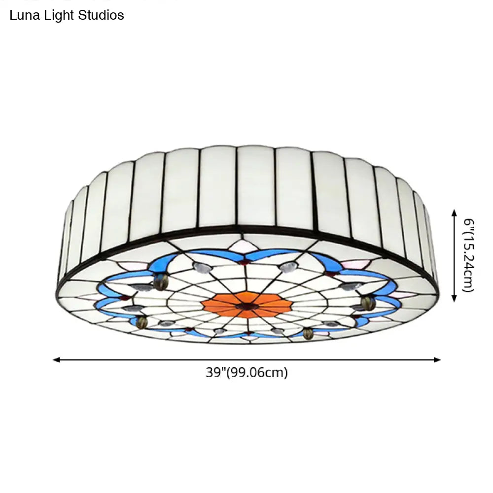 Mediterranean Stained Glass Drum Ceiling Mount Light For Bedroom
