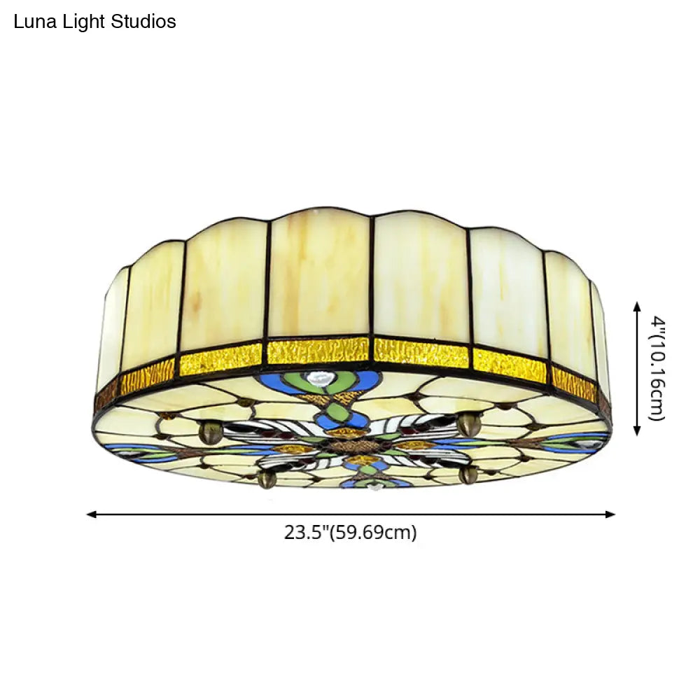 Mediterranean Stained Glass Drum Ceiling Mount Light For Bedroom