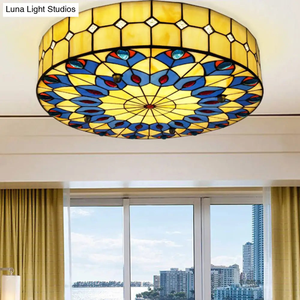 Mediterranean Stained Glass Drum Ceiling Mount Light For Bedroom