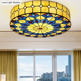 Mediterranean Stained Glass Drum Ceiling Mount Light For Bedroom