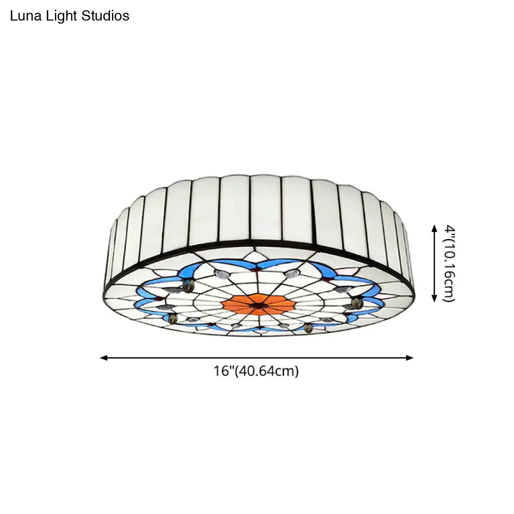 Mediterranean Stained Glass Drum Ceiling Mount Light For Bedroom