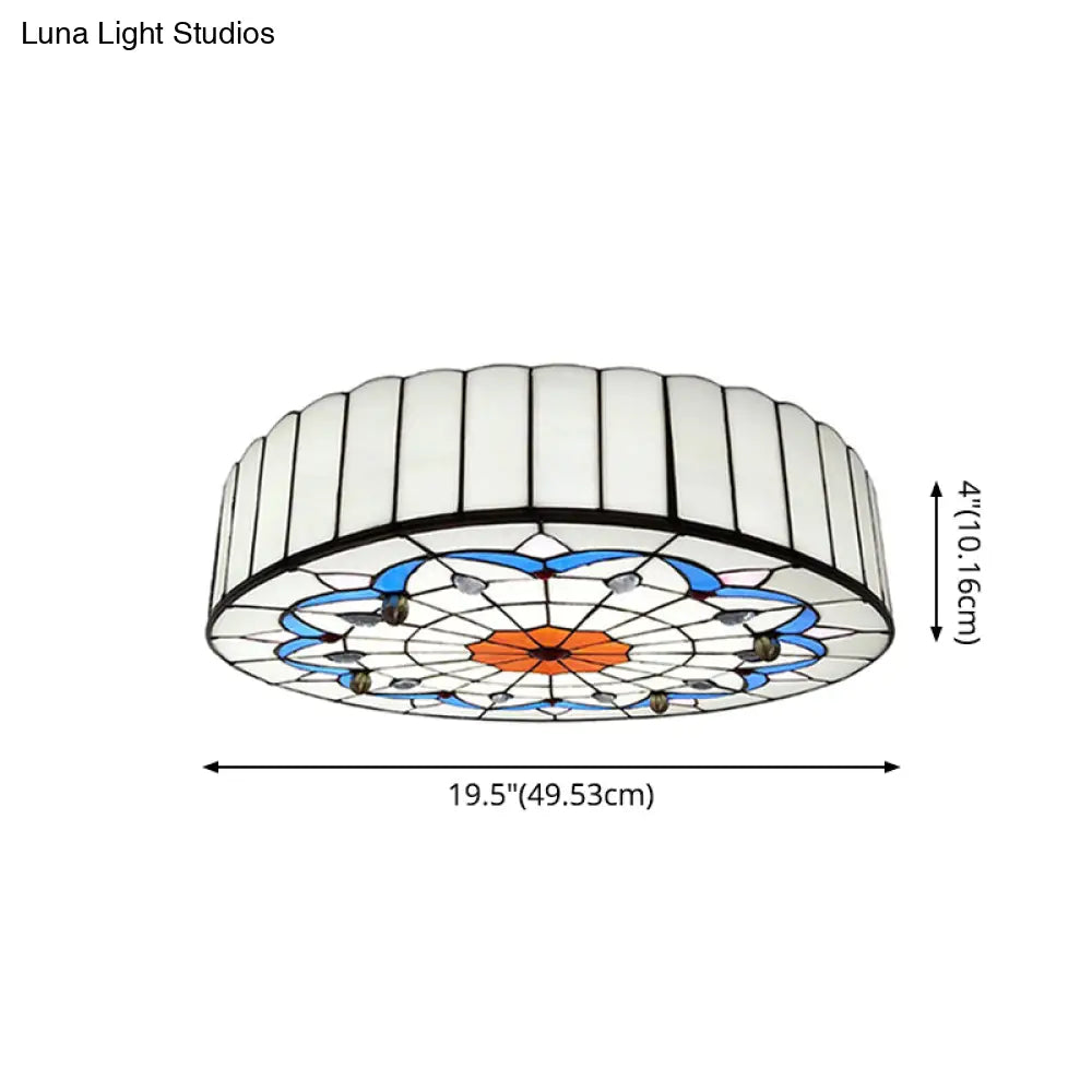 Mediterranean Stained Glass Drum Ceiling Mount Light For Bedroom