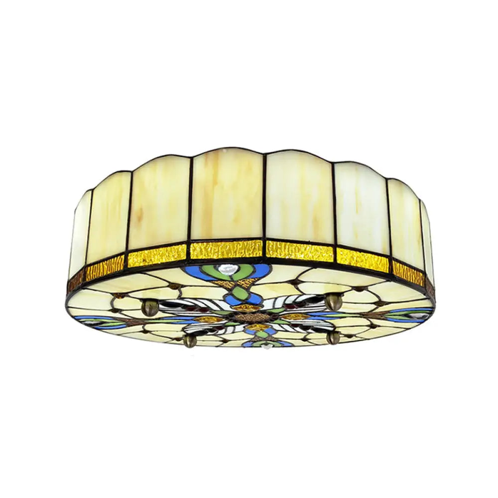 Mediterranean Stained Glass Drum Ceiling Mount Light For Bedroom Beige / 31.5’