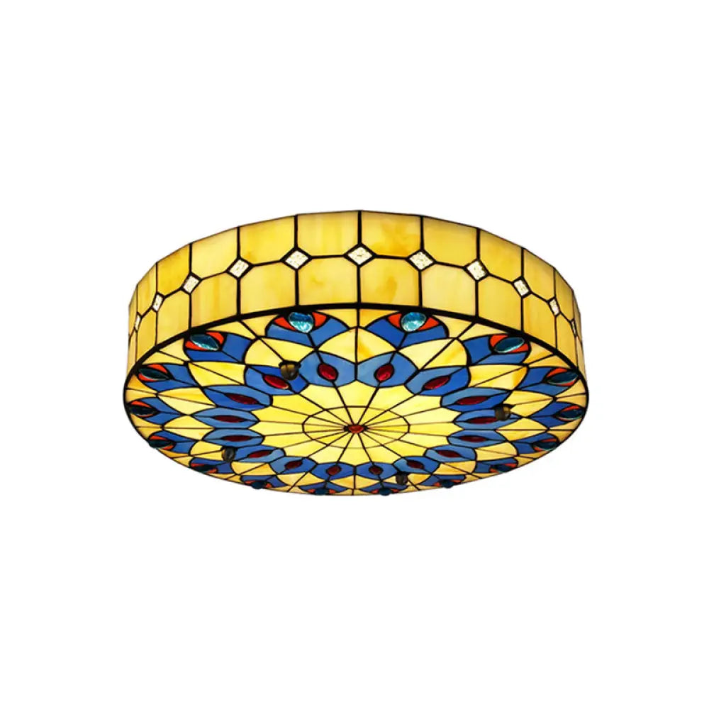 Mediterranean Stained Glass Drum Ceiling Mount Light For Bedroom Yellow / 19.5’