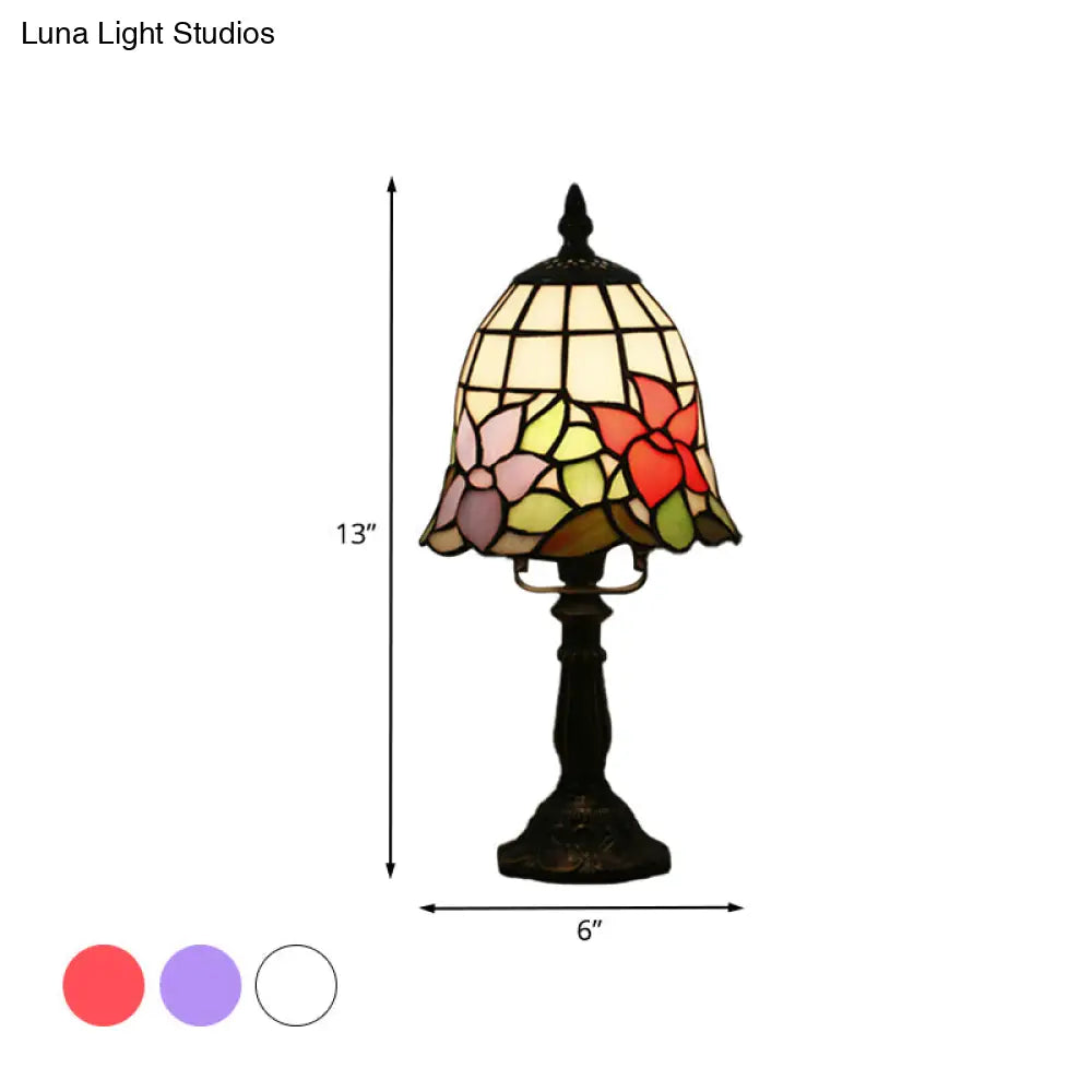 Mediterranean Stained Glass Night Light: White/Red With Conical/Flared Shape And Floral Pattern