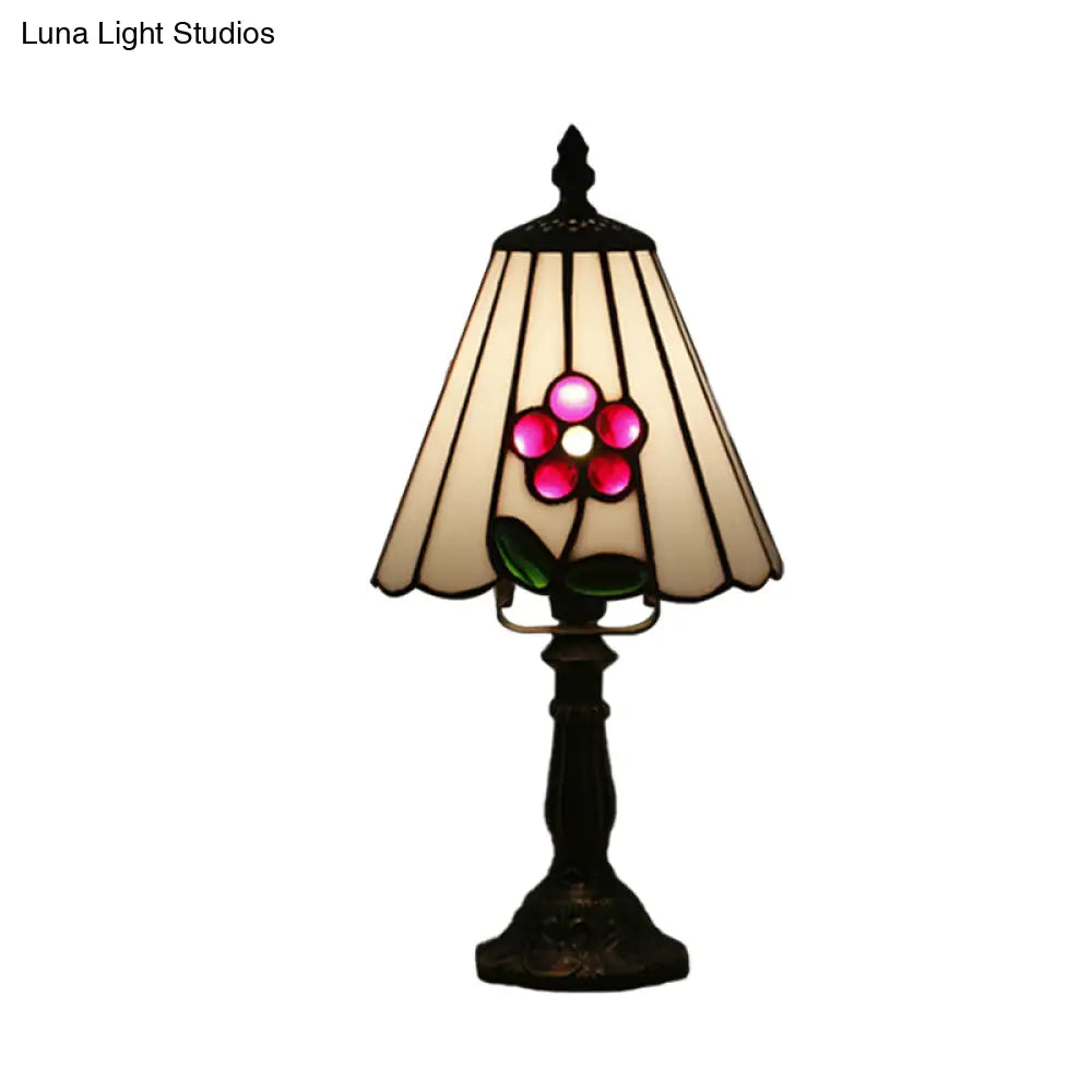 Mediterranean Stained Glass Night Light: White/Red With Conical/Flared Shape And Floral Pattern