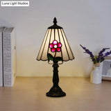 Mediterranean Stained Glass Night Light: White/Red With Conical/Flared Shape And Floral Pattern
