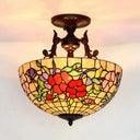 Mediterranean Stained Glass Semi Flush Mount Light - 3 Red/Blue Lights For Living Room Ceiling Red