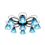 Mediterranean Stained Glass Semi - Flush Mount Light Fixture With Yellow/Blue Cone Design (3/7/9