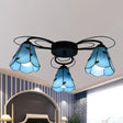 Mediterranean Stained Glass Semi - Flush Mount Light Fixture With Yellow/Blue Cone Design (3/7/9