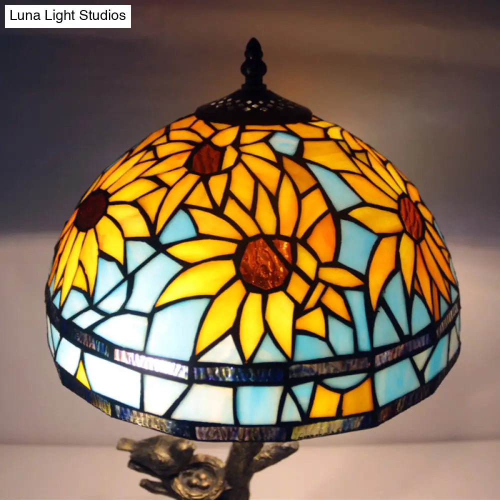 Mediterranean Stained Glass Table Lamp: Sunflower Design Antique Brass 1 Light
