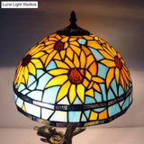 Mediterranean Stained Glass Table Lamp: Sunflower Design Antique Brass 1 Light