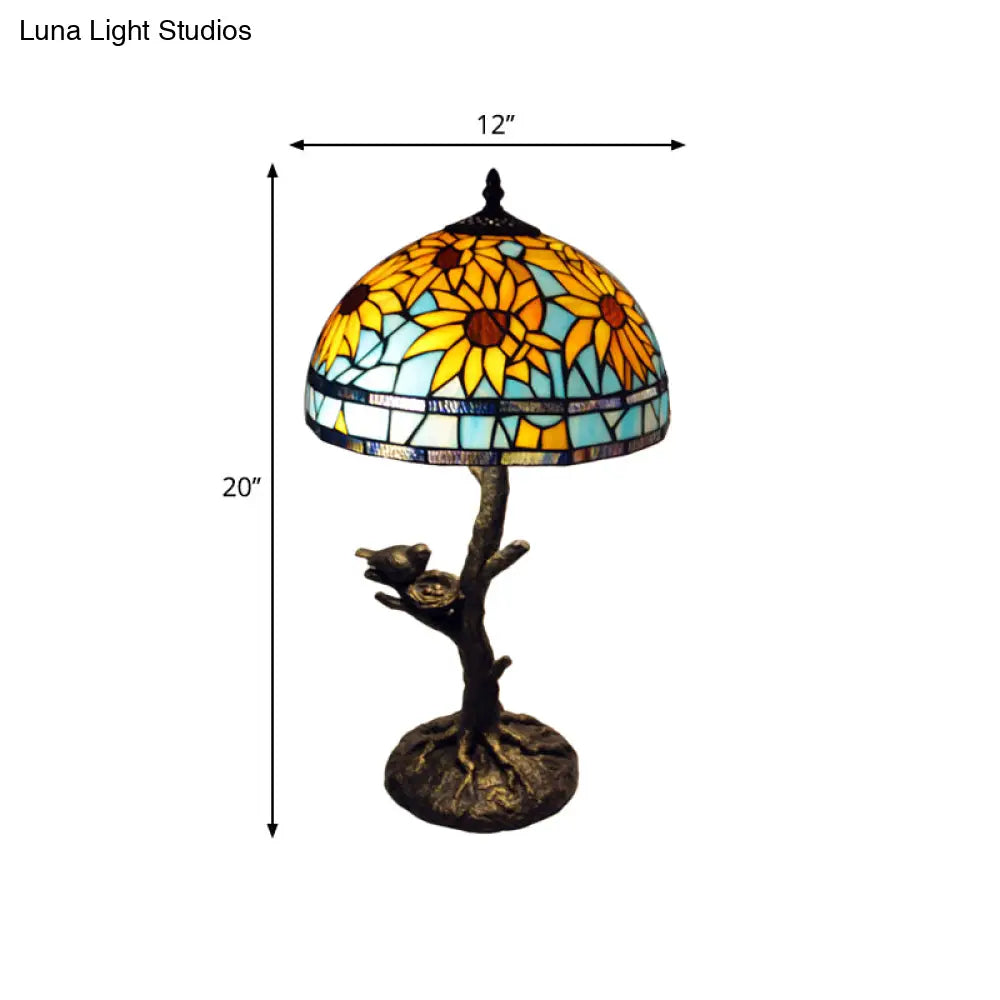 Mediterranean Stained Glass Table Lamp: Sunflower Design Antique Brass 1 Light