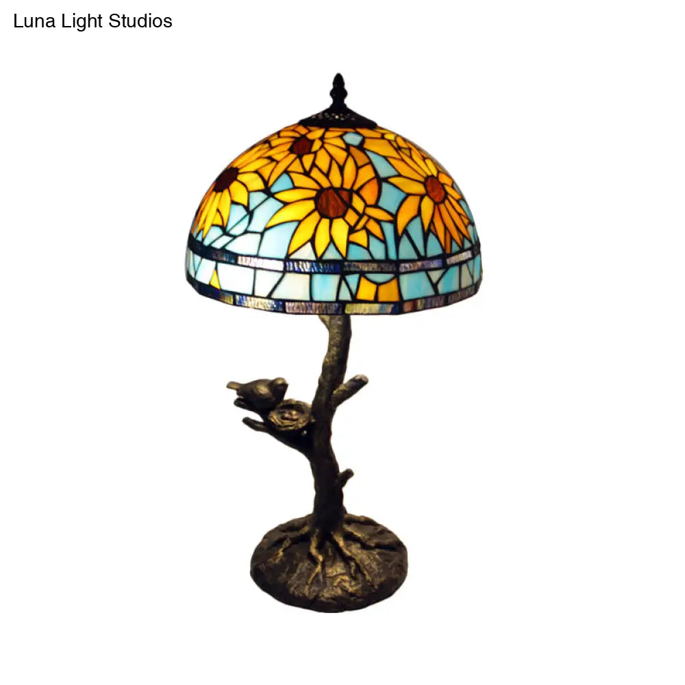 Mediterranean Stained Glass Table Lamp: Sunflower Design Antique Brass 1 Light