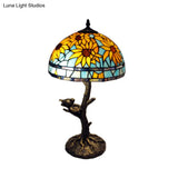 Mediterranean Stained Glass Table Lamp: Sunflower Design Antique Brass 1 Light