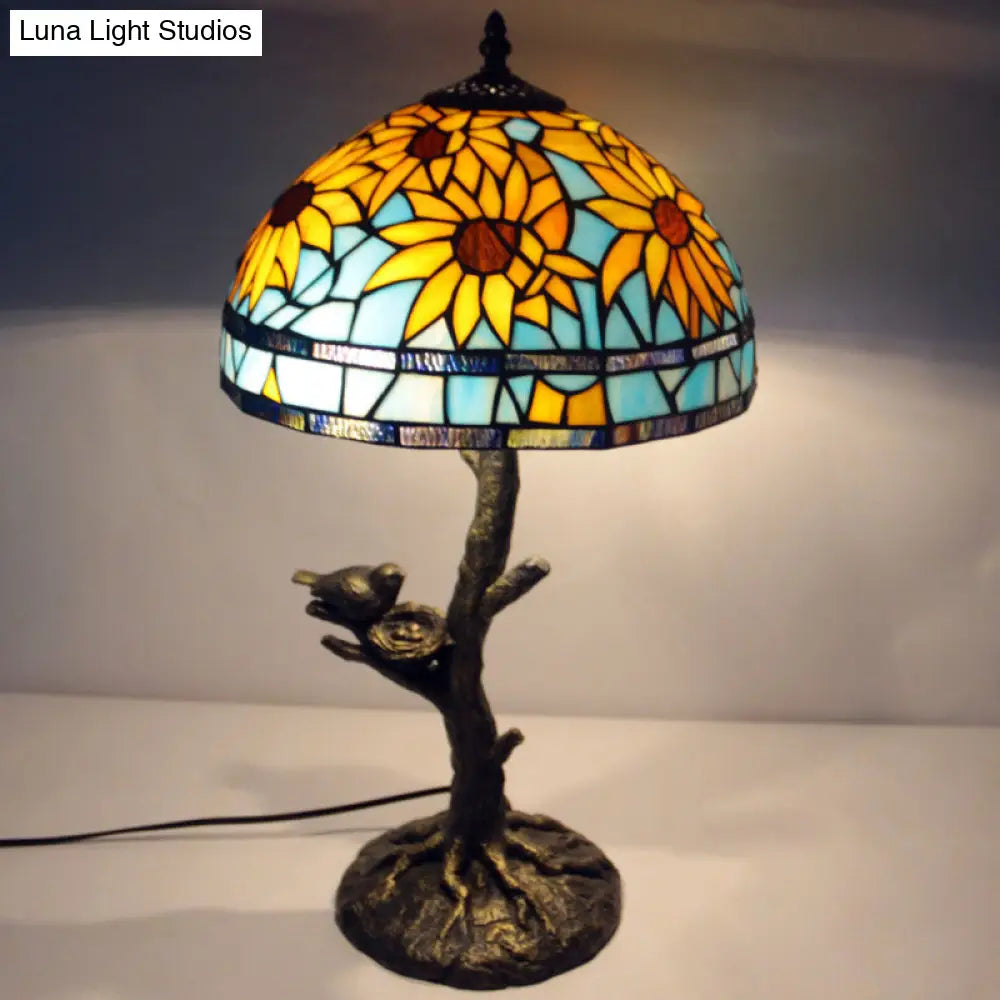 Mediterranean Stained Glass Table Lamp: Sunflower Design Antique Brass 1 Light