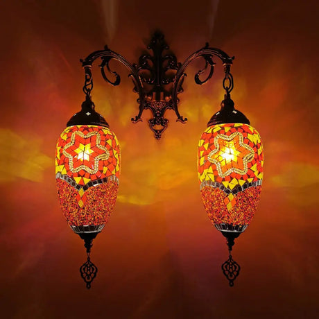 Mediterranean Stained Glass Wall Lighting With 2 Heads - Bar Mount Lamp In Red/Orange/Green Orange