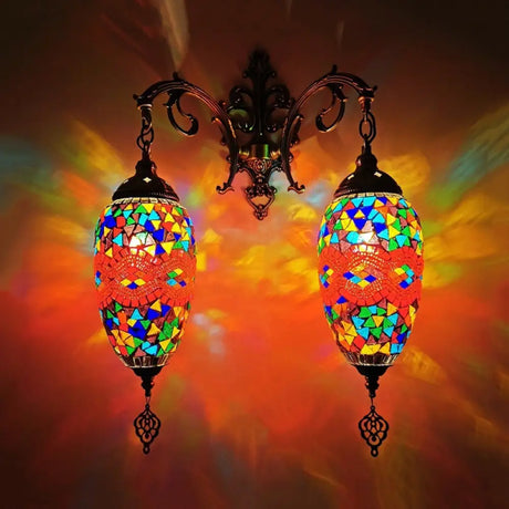 Mediterranean Stained Glass Wall Lighting With 2 Heads - Bar Mount Lamp In Red/Orange/Green Burgundy
