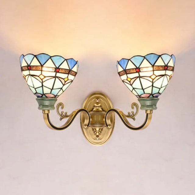 Mediterranean Stained Glass Wall Sconce Light For Living Room Blue