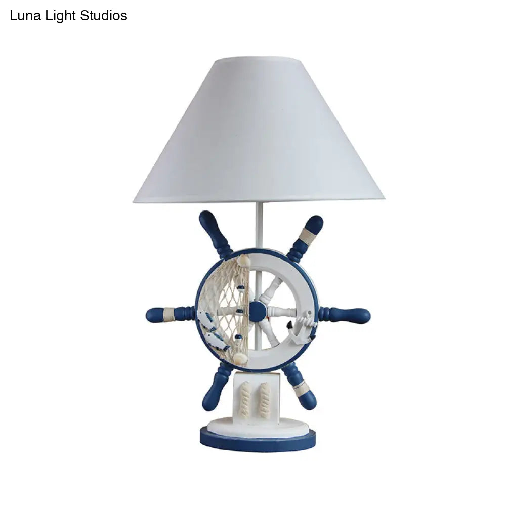 Mediterranean Style Wood Rudder Night Lamp - Single Blue Table Light With Cone Fabric Shade