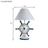 Mediterranean Style Wood Rudder Night Lamp - Single Blue Table Light With Cone Fabric Shade
