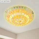 Mediterranean Yellow Mosaic Glass Bowl Ceiling Lamp With Decorative Shell For Bedrooms - Flush Mount