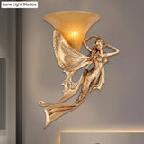 Mermaid 1-Light Resin Gold Wall Sconce - Rustic Style Lamp With Ribbed Glass Shade