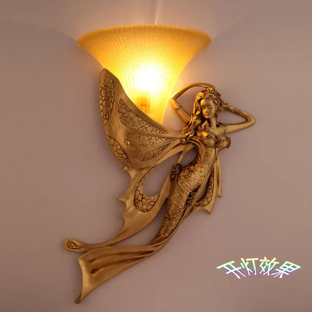 Mermaid 1-Light Resin Gold Wall Sconce - Rustic Style Lamp With Ribbed Glass Shade