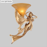 Mermaid 1-Light Resin Gold Wall Sconce - Rustic Style Lamp With Ribbed Glass Shade