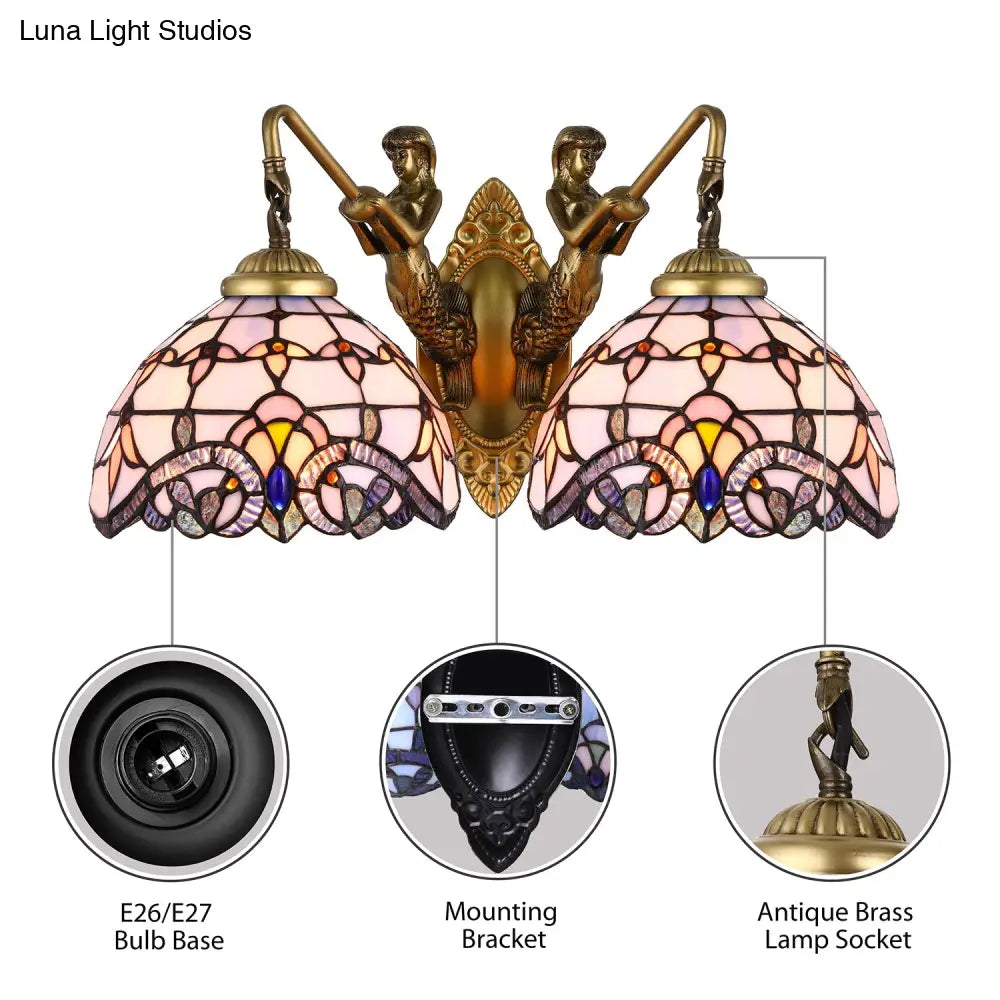 Mermaid Backplate Brass Sconce Light With Blue Glass Dome - Mediterranean Wall Mount 2 Heads