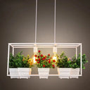 Metal 2-Head Rectangle Pendant Light Fixture For Restaurants With Hanging Artificial Bonsai White