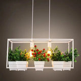 Metal 2-Head Rectangle Pendant Light Fixture For Restaurants With Hanging Artificial Bonsai White