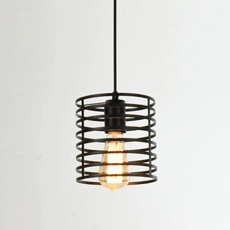 Metal Black Geometric Cage Pendant Light - Industrial Style Ceiling Lamp / Cylinder