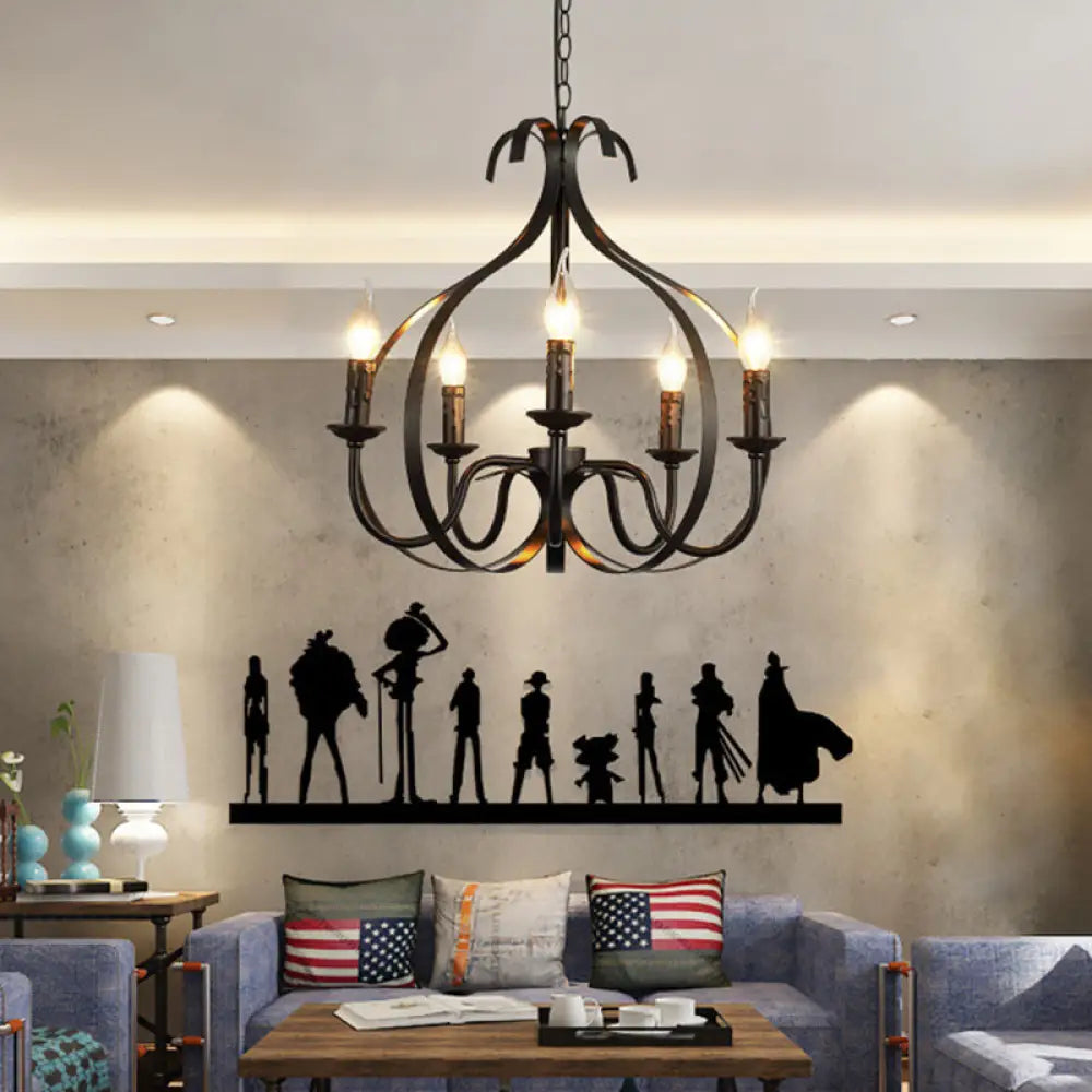Metal Black Pendant Chandelier - Swirled Arm 5-Light Fixture For Living Room