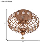 Metal Cage Crystal Flush Mount Lamp 3/6 Lights Brass