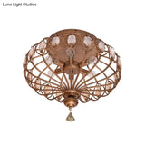 Metal Cage Crystal Flush Mount Lamp 3/6 Lights Brass
