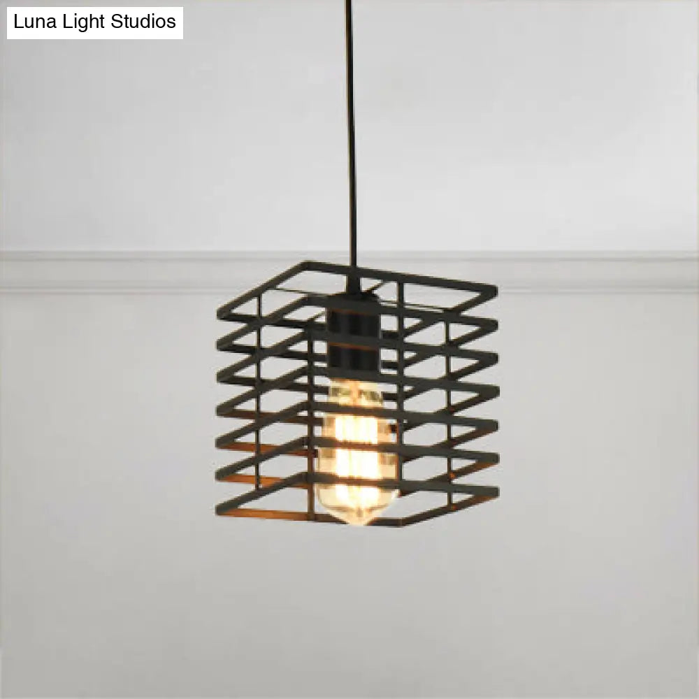 Metal Cage Pendant Light Retro Style Black/White Hanging Lamp For Restaurant Ceiling