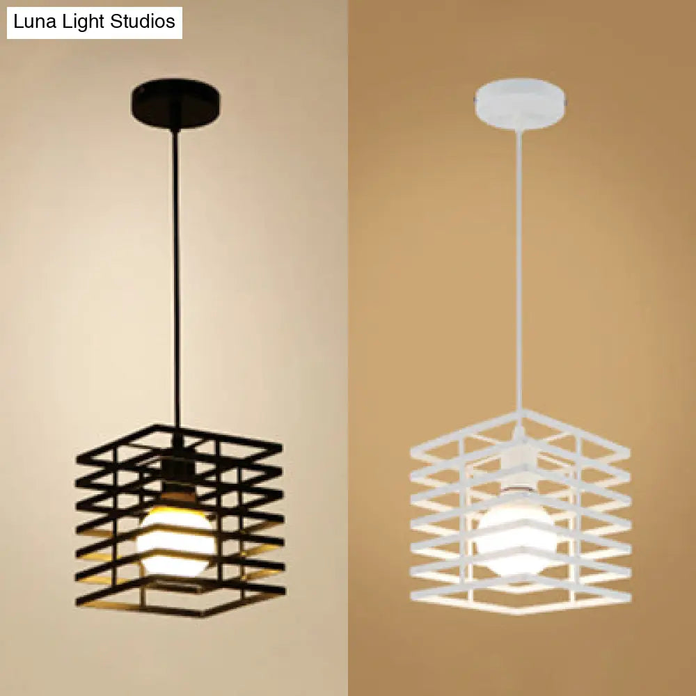 Metal Cage Pendant Light Retro Style Black/White Hanging Lamp For Restaurant Ceiling