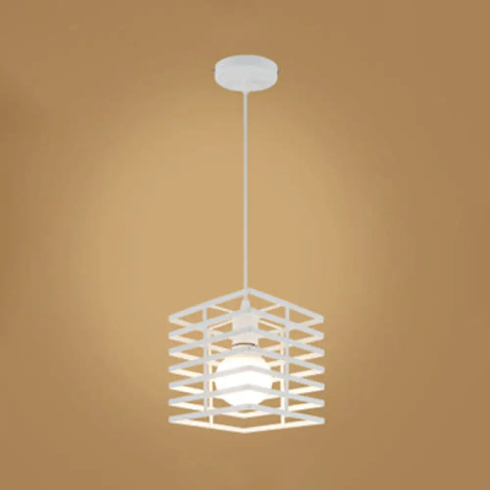 Metal Cage Pendant Light Retro Style Black/White Hanging Lamp For Restaurant Ceiling White
