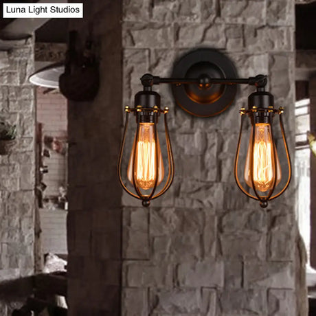 Metal Cage Vanity Lights - Industrial Wall Mounted 2 Head Over Mirror Design
