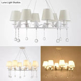 Metal Chandelier With Crystal Accents - Elegant White Bucket Shade Hanging Lamp For Living Room