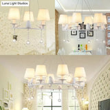 Metal Chandelier With Crystal Accents - Elegant White Bucket Shade Hanging Lamp For Living Room
