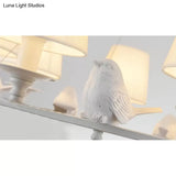 Metal Chandelier With Crystal Accents - Elegant White Bucket Shade Hanging Lamp For Living Room