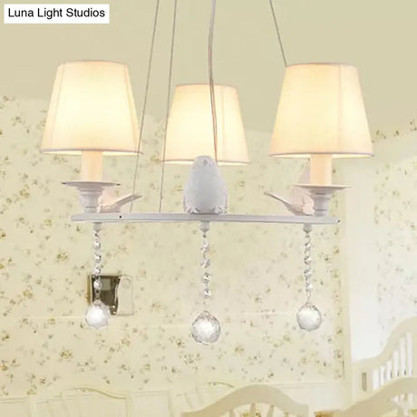 Metal Chandelier With Crystal Accents - Elegant White Bucket Shade Hanging Lamp For Living Room