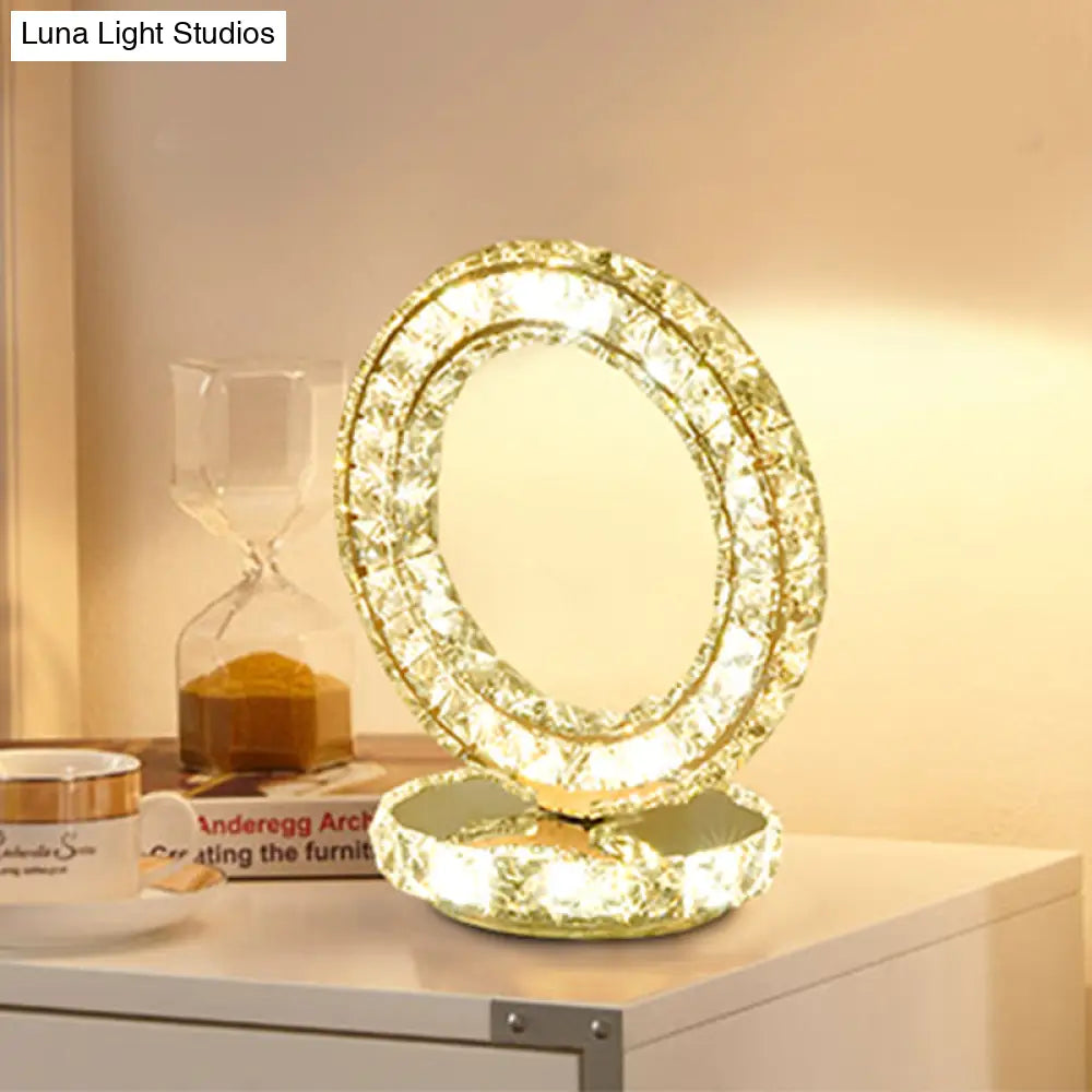 Metal Chrome Finish Night Table Light With Led Modernism Heart/Round Design & Crystal Accent -
