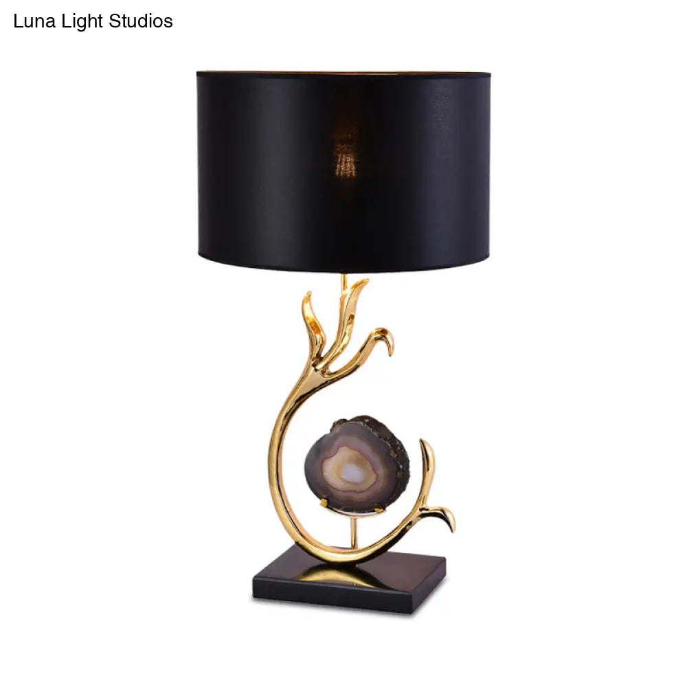 Metal Desk Lamp With Agate Accent - Modern Gold Finish And Black Fabric Shade