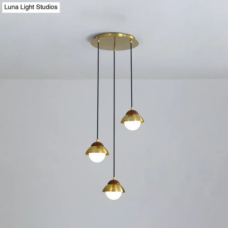 Metal Dome Pendant Light Kit With Opal Glass Shade - Simplicity Design Brass Finish Multiple Lamps