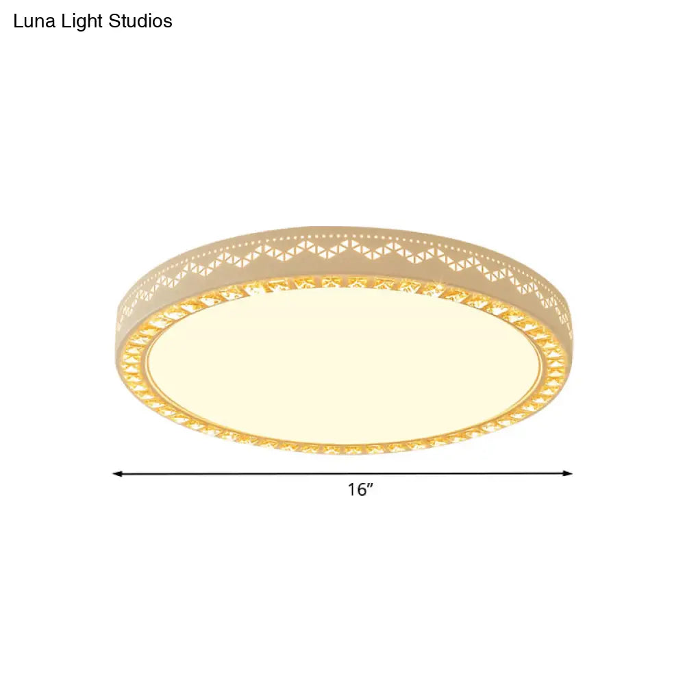 Metal Flat Drum Flush Led Mount Lamp Fixture In White With Crystal Accent