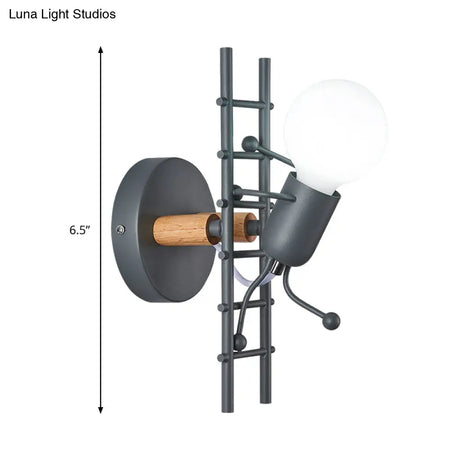 Metal Gray/White/Green Cartoon Bare Bulb Wall Light Fixture - Indoor 1-Head Mount With Little People